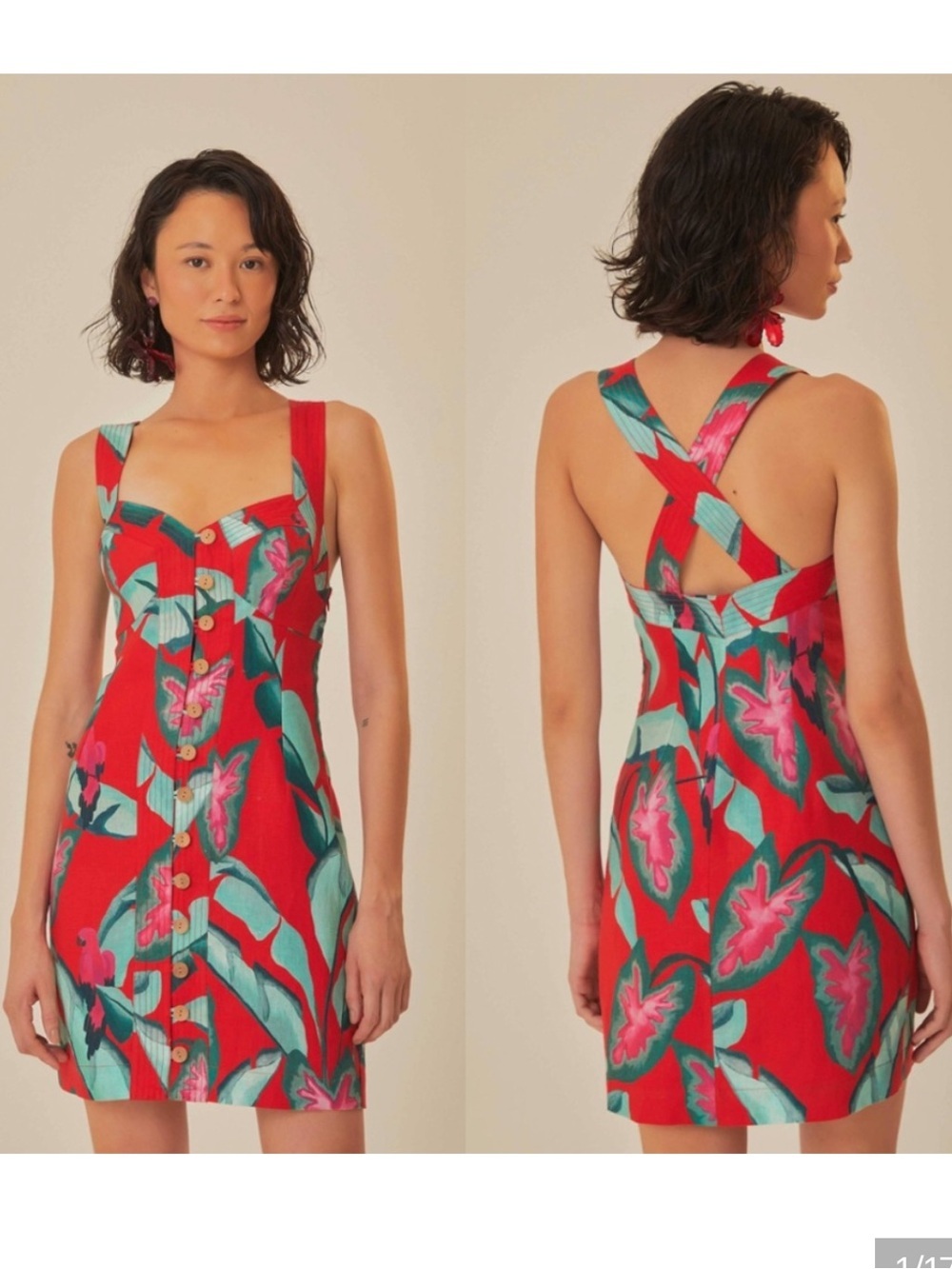 Farm Rio Summer Foliage Linen Mini Dress Size Small Tropical Full Button Summer
